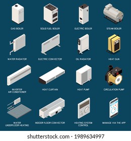 Heating system equipment isometric icons set with different boilers convectors radiators conditioners isolated vector illustration