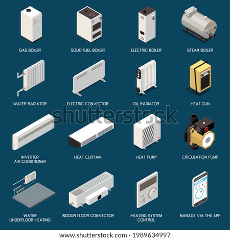 Heating system equipment isometric icons set with different boilers convectors radiators conditioners isolated vector illustration