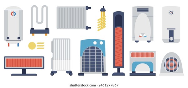 Heating system. Gas boilers and electric radiators. Home fan, air conditioner and radiator devices. Sun heat, house warming decent vector icons