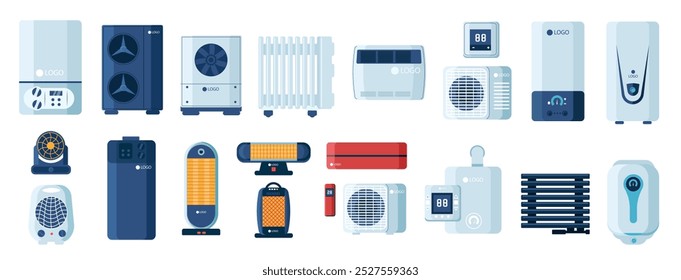 Heating system. Gas boilers and electric radiators devices set icon