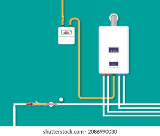 Heating System In House. Gas Boiler With Gas Meter, Water Meter, Valve, Pump, Control Equipment, Faucet And Pipes. Basement Room In Home With Furnace On Wall. Modern Mounted Tank. Vector.