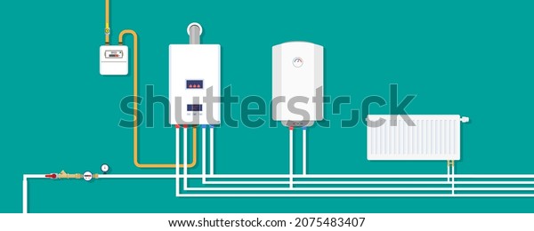 Heating system in house. Gas boiler, radiator,\
electric boiler, gas meter, water meter, pump, control equipment\
and pipes. Basement room in home with furnace on wall. Modern\
mounted tank. Vector.