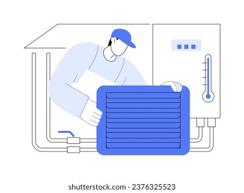 Heating system installation abstract concept vector illustration. HVAC engineer installing a heat pump, heating system, commercial construction works, building process abstract metaphor.