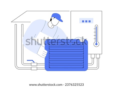 Heating system installation abstract concept vector illustration. HVAC engineer installing a heat pump, heating system, commercial construction works, building process abstract metaphor.