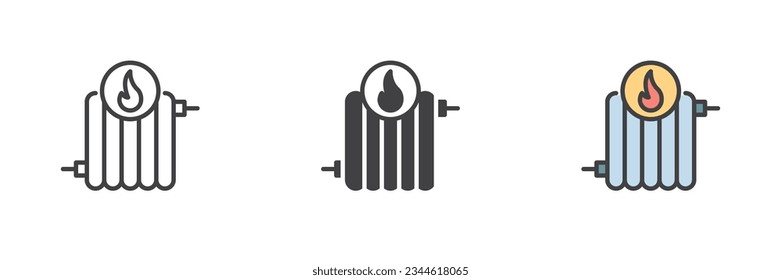 El sistema de calefacción da energía a un conjunto de iconos de estilo diferente. Línea, glifo y contorno relleno versión colorida, contorno y signo vectorial relleno. Símbolo, ilustración del logotipo. Gráficos vectoriales