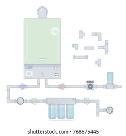 Heating system. Set gas boiler and circulation pump, water filter.