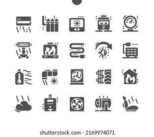 Heating. Temperature regulator. Electric batteries. Smart heating. Fireplace. Vector Solid Icons. Simple Pictogram