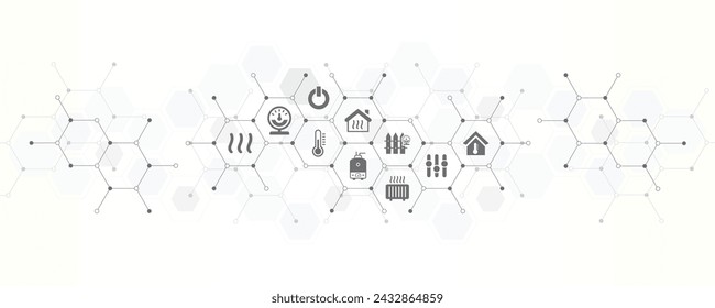 Banner de calefacción y servicios públicos con los iconos del sitio web y el símbolo de calefacción central medidor de radiador inteligente termostato inteligente e ilustración vectorial de calefacción doméstica con fondo de tecnología
