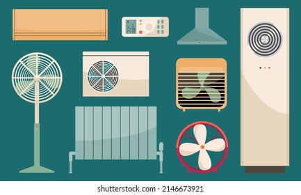 Heating, Ventilation and Air conditionig. Vector illustration of ventilator equipment. Isolated cartoon set of air fan system.