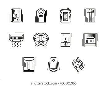Heating, ventilation and conditioning equipment. Humidifier and dehumidifier, air ionization. Home and office climate. Collection of black line style vector icons