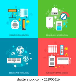 Heating ventilation and conditioning flat icons set.