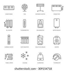 Heating, ventilation and conditioning linear icons set.