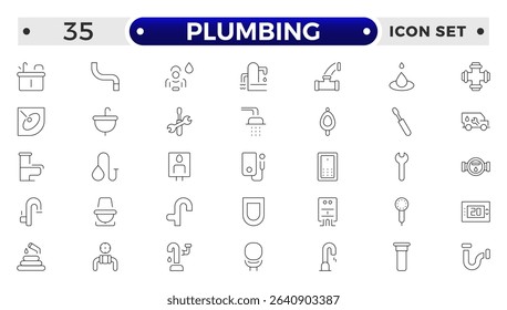Heating, Ventilation and Plumbing (HVAC and plumbing) outline Icon Set – Home Maintenance, Repair, and Construction Vector Collection.


