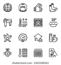 Heating and warm clothes line icons set. gas, flame, system, electricity, outline, heat, control, fire, conditioning, pump, heating, conditioner, climate, electric, thermostat, comfort, fireplace