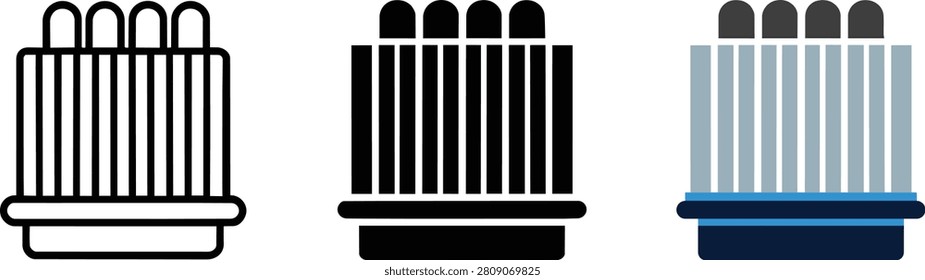 Heatsink and computer radiator cooling system icon set. The collection features a minimalist outline, a solid black glyph, and a colored flat version with blue and grey tones.