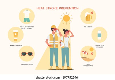 Heatstroke Prevention Infographic With Sign Symbol And Icon, Engineer Worker Standing On Hot Weather, Flat Vector Design Illustration