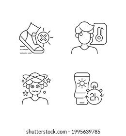 Heatstroke prevention linear icons set. Avoid exercising during summer heatwave. High body temperature. Customizable thin line contour symbols. Isolated vector outline illustrations. Editable stroke