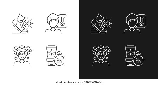 Heatstroke prevention linear icons set for dark and light mode. Avoid exercising during summer heatwave. Customizable thin line symbols. Isolated vector outline illustrations. Editable stroke