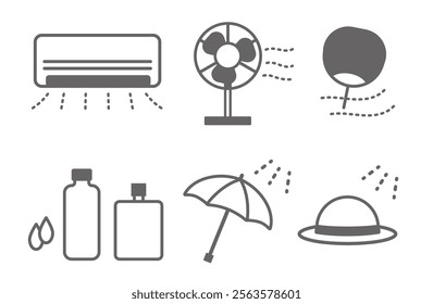 Heatstroke and UV protection icon set vector material monochrome