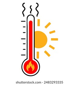 Heatwave icon, climate change, global warming. Thermometer symbol with sun vector icon isolated on white background.