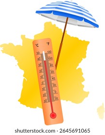 Heatwave with a map of France, a thermometer and a parasol