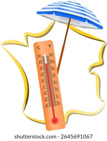 Heatwave with a map of France, a thermometer and a parasol