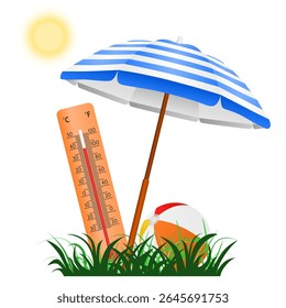 Heatwave with a thermometer, a parasol and a ball