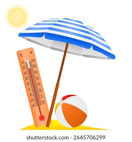 Heatwave with a thermometer, a parasol and a ball at the beach