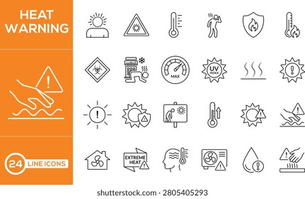 Heatwave Warning Icon Set. 24 Outline Vector Icons for Extreme Heat Alert and Temperature Caution.