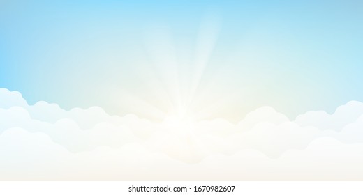 Heaven blur background abstract art. Blurred blue sky backdrop with light bokeh clouds. Vector illustration