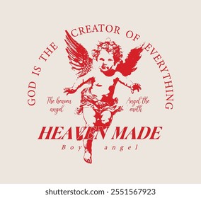 Heaven Boy angel illustration. Logo illustration featuring a little boy with wings. Design of a cute beautiful flying baby. illustration on black background for t shirt design, street wear