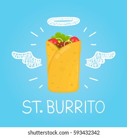 Heaven burrito,kebab,beef concept "St. burrito" with angel halo and wings. Flat and doodle vector isolated meal, delivery, cafe, fun illustration icon. Love burrito for mexican fast food cafe