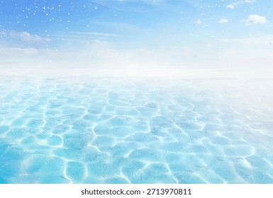 Cielo con las nubes y el fondo flotante del diseño del Vector de la playa del agua. Mar o océano de fondo de agua cáustica. Estética de playa de verano. Superficie submarina transparente natural. Limpiar el paisaje acuático brillante