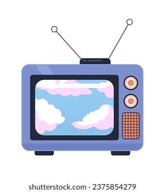 Heaven cloudscape on vintage tv 2D cartoon object. Old fashioned retro television program isolated vector item white background. Clouds sky nature. Watch nostalgia show color flat spot illustration