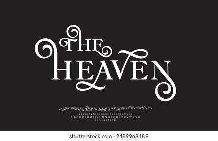 THE HEAVEN besteht aus eleganten Großbuchstaben und Kleinen Zahlen. Klassischer Buchstabe Minimales Modedesign. Moderne Serif Schriftart Typografie normale dekorative Vintage Konzept. Vektorillustration.Headline Schriftart