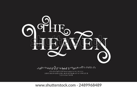 THE HEAVEN is Elegant Uppercase Letters and Small Numbers. Classic Letter Minimal Fashion Design. Modern serif font typography regular decorative vintage concept. vector illustration.Headline font