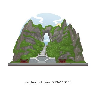 Heaven Gate Cave of Tianmen Mountain National Park at Zhangjiajie China, Scenic Mountain Stairway Landscape with Cliffs and Natural Arch Vector Illustration
