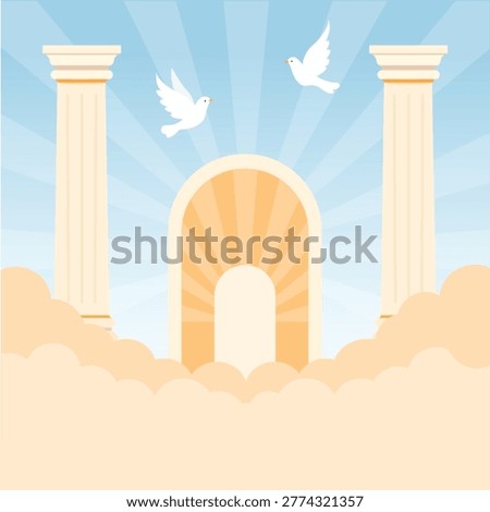 Heaven Gate with White Doves and Clouds Flat Background