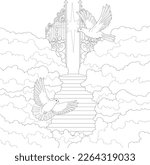 Heaven gates in clouds with pigeons flying graphic sketch template. Cartoon religion vector illustration in black and white for games, background, pattern, decor. Coloring paper, page, story book