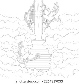 Heaven gates in clouds and pigeons flying graphic sketch template  Cartoon religion vector illustration in black   white for games  background  pattern  decor  Coloring paper  page  story book