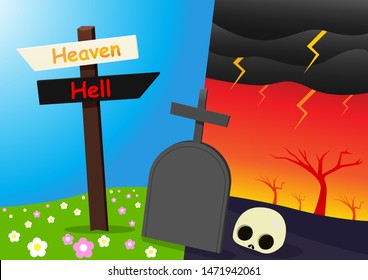 Heaven and Hell background with tombstone, vector