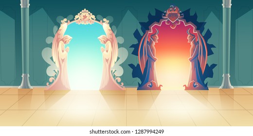 Heaven and hell gates cartoon vector with humbly praying angels and scary horned demons meeting guests at entrance illustration. Mystical portal to other side. Afterlife choice and death concept