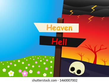 Heaven and hell landscape with signpost, vector art