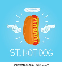Heaven hot dog concept "St. hot dog" with angel halo and wings. Flat and doodle vector isolated meal, delivery, cafe, fun illustration icon. Love hot dog for fast food cafe concept