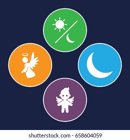 Heaven icons set. set of 4 heaven filled icons such as angel, crescent
