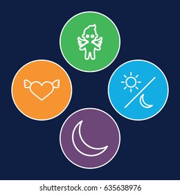 Heaven icons set. set of 4 heaven outline icons such as angel, crescent, sun and moon