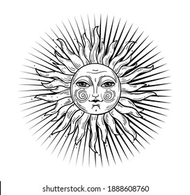 Heaven illustration, stylized vintage design, sun with face, stylized drawing, engraving. Mystical design element in boho style, logo, tattoo. Vector illustration isolated on white background.