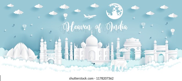 Heaven of India with India famous landmarks in paper cut style vector illustration. 