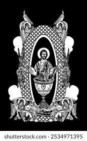 Heaven Liturgy. Illustration with angels and seraphim in heaven black and white in Byzantine style