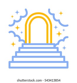 Heaven or paradise with stairs, clouds, stars and a heavenly gate color line art vector icon for apps and websites